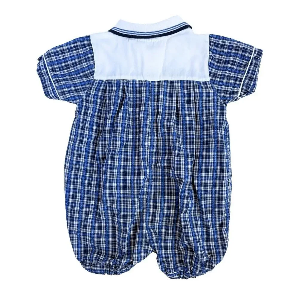 VTG Small Steps Baby Boy Nautical Romper 24M Blue Plaid Button Bubble Shortall